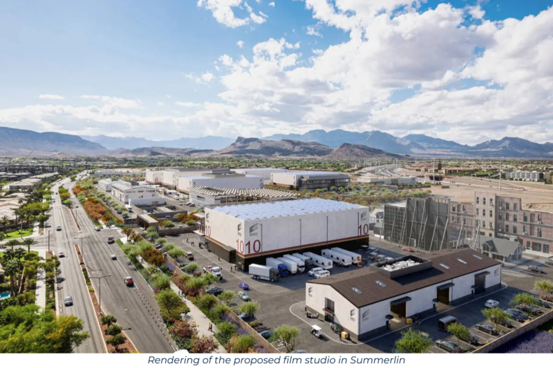 A rendered image of the proposed Summerlin Production Studios in Las Vegas, showcasing multiple soundstages, backlots, and production facilities with a scenic mountain backdrop and nearby residential areas.